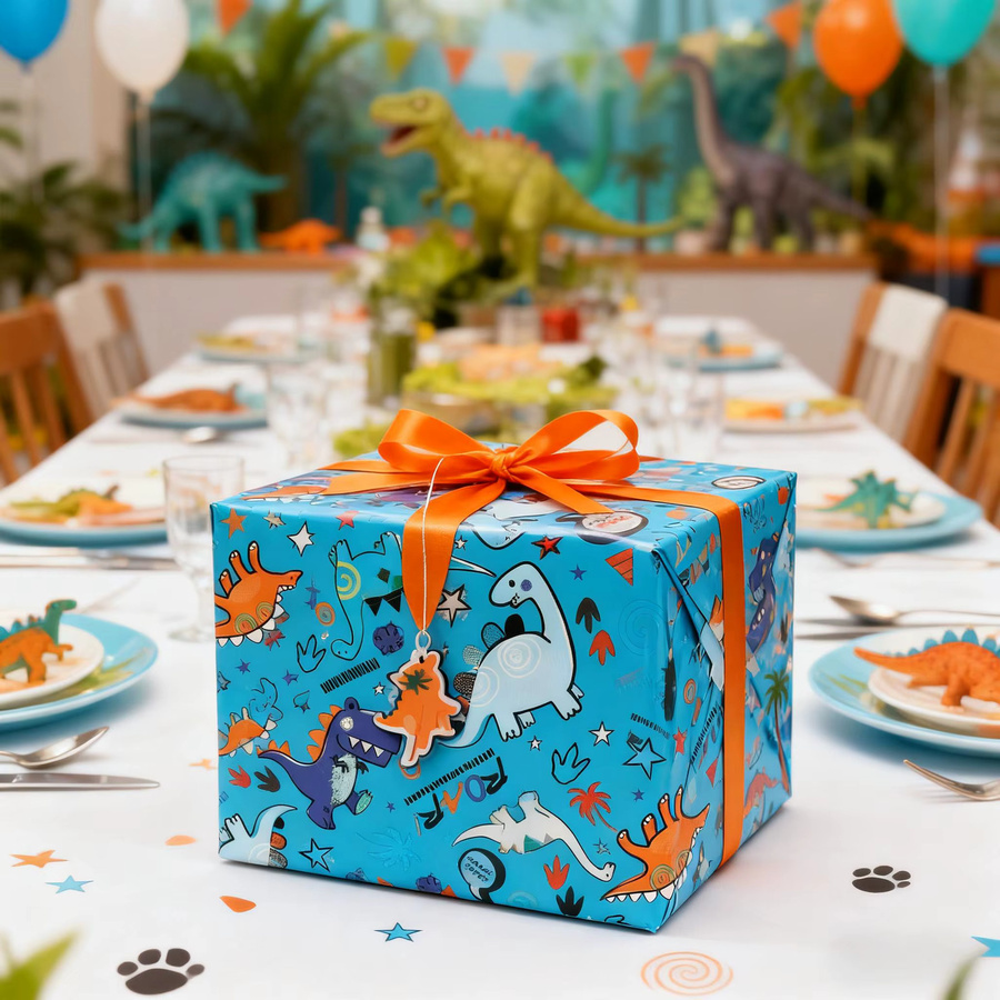 Blaues Geschenkpapier mit Dinosauriermustern für Geburtstage und Feiertage, 1 Rolle - Bild 2