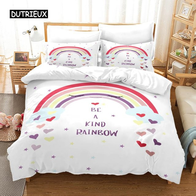 Regenbogen Bettwäsche Set für Kinder und Babys von Binchi Outdoor Product in Pastellfarben mit Bettdeckenbezug und Kissenbezügen, B/T/H: 135 x 200 cm - Bild 1