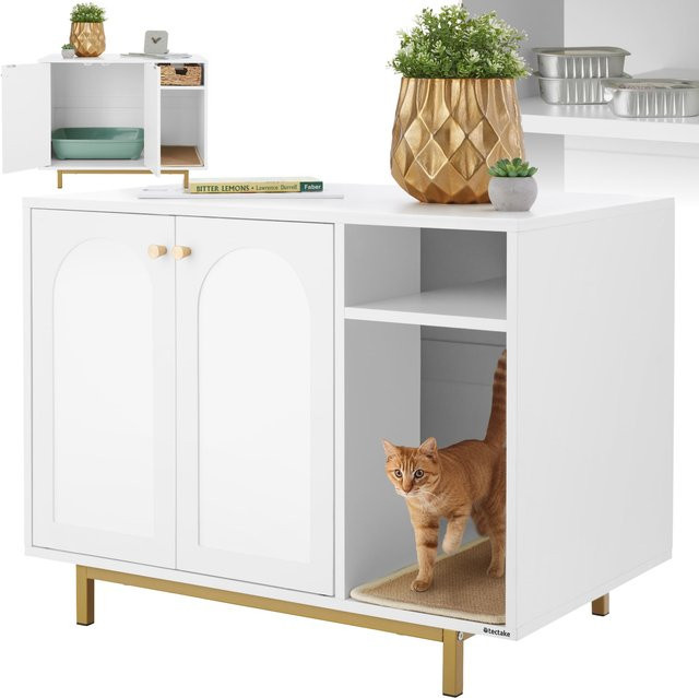 tectake Katzenschrank Kalea Weiß-Gold mit seitlichem Eingang, Kratzmatte und Staufach, B/T/H: 80 x 52 x 61,5 cm - Bild 1