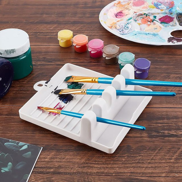 Pinselhalter mit 4 Fächern und Farbpalette für Aquarell, Acryl und Ölfarben in Weiß aus Kunststoff - Bild 1