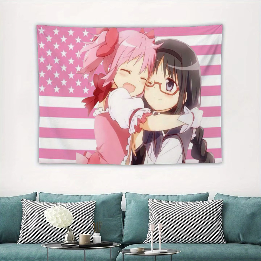 Madoka & Homura Hugging USA Flag Wandbehang aus Polyester, Mehrfarbiger Textil-Wandbehang für dein Schlafzimmer und Wohnzimmer, B/H: 40 x 60 cm - Bild 2