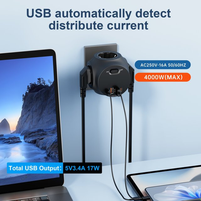 DODOYESANA Steckdosenleiste mit 4 AC-Mehrfachsteckdosen, 2 USB-A und 2 USB-C Anschlüssen, 4000W, EU-Stecker - Bild 1