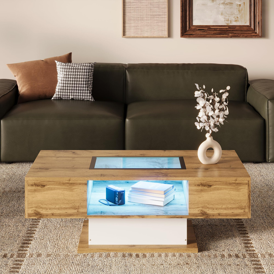 Flieks Couchtisch mit LED-Beleuchtung und Glasplatte in Weiß/Braun, modernes Design mit 2 Schubladen und offenem Aufbewahrungsfach, B/T/H: 110.2 x 60 x 39.7 cm - Bild 3