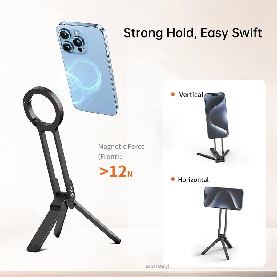 HAPPORIA Magnetisches Telefon Stativ aus Legierung, faltbarer tragbarer Ständer mit Karabiner-Montage und 3 Magnetringen für iPhone 14 15 und Xiaomi, Farben: Silber oder Schwarz - Bild 2