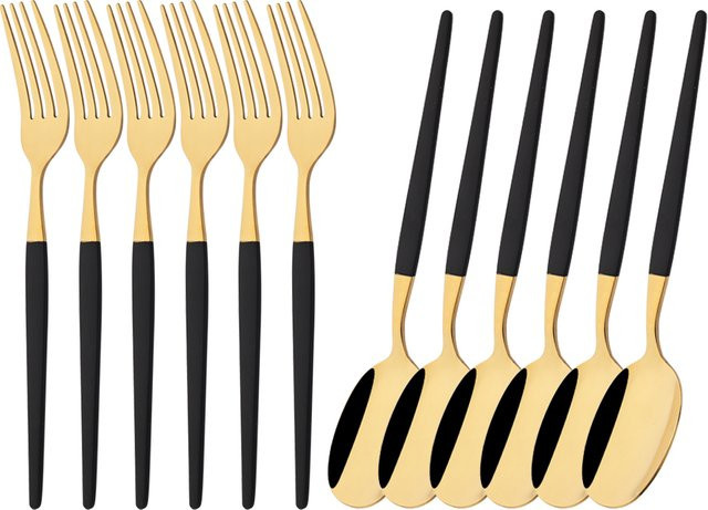 12-teiliges Besteckset aus Edelstahl in Schwarz und Gold, poliertes Essbesteck Set mit Gabeln und Löffeln von uniturcky - Bild 1