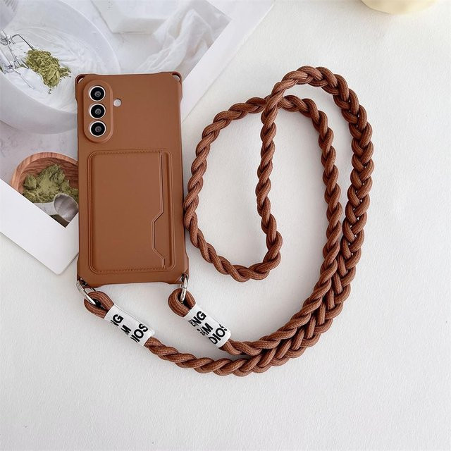Silikonhülle mit Kartenfach und geflochtenem Lanyard für Samsung Galaxy S26 S25 S24 S23 S22 S21 FE Plus Ultra Edge in Transparent und Braun - Bild 1