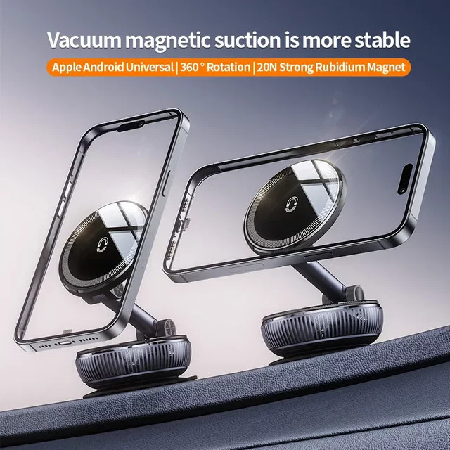 VIKEFON Magnetischer Auto-Vakuumsauger und Handyhalter mit verstellbarem Drehschloss für MagSafe iPhone 12–17, Schwarz - Bild 1