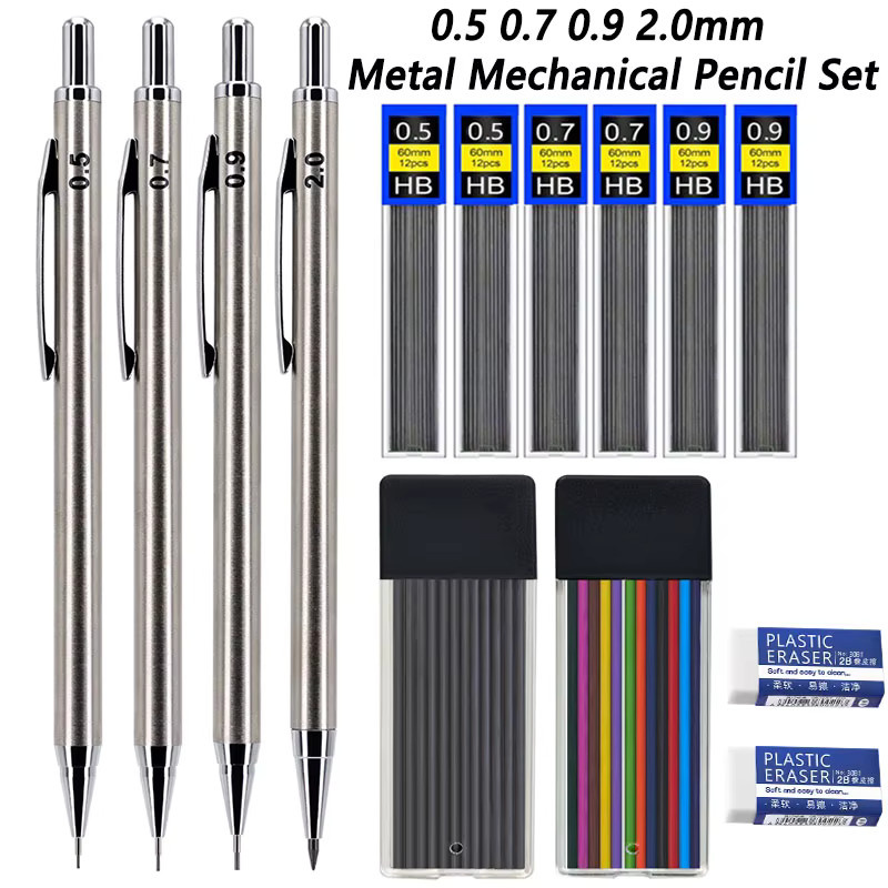 MROOFUL 14-teiliges Set Metall-Druckbleistifte in Silber mit HB Graphitminen für Schule und Skizzieren, Stärken: 0,5 mm, 0,7 mm, 0,9 mm und 2,0 mm - Bild 3