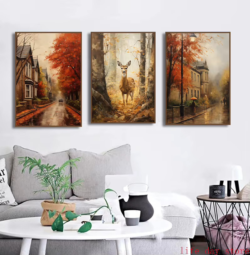 Potdemiel Herbstliches Landschaftsgemälde auf Leinwand mit Hirschen und Naturmotiven, Mehrfarbig - Bild 2