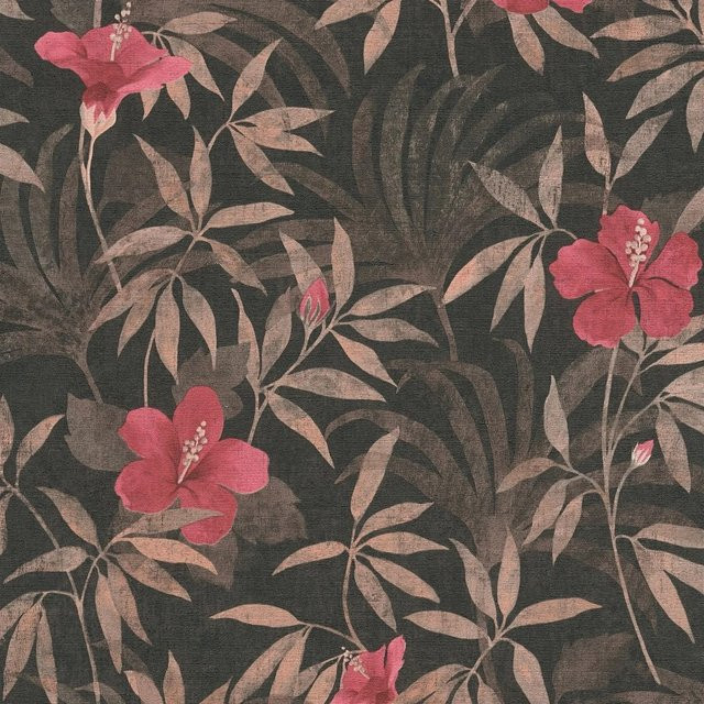 Profhome Tapete Dschungel Blumen Motiv in Braun Rot Schwarz Matt, Breite: 0,53 m, Länge: 10,05 m - Bild 1