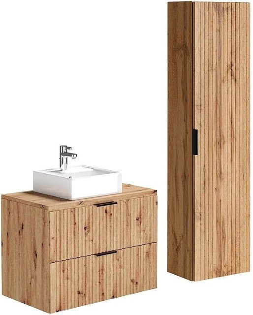 Vente-unique Badmöbel-Set Zevara in Naturfarben Hell mit Streifenoptik, Breite: 80 cm - Bild 1