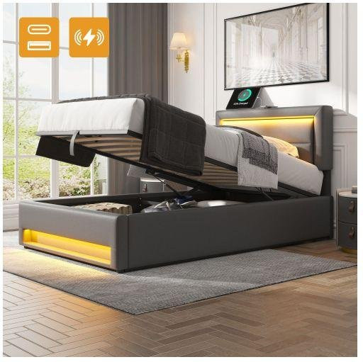 Gepolstertes Bett MUVOE in Grau mit USB-Anschluss, LED-Beleuchtung und Stauraum, B: 90 cm, T: 190 cm - Bild 1