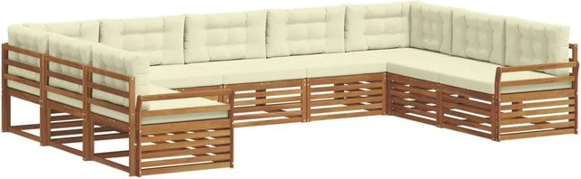vidaXL Sofagarnitur 9-teilig aus Akazie Massivholz in Natur und Beige mit U-Form und Polsterkissen - Bild 1