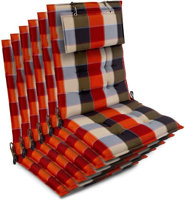 Beautissu 6er Set Sun-HL Hochlehner Auflagen aus Schaumstoff, Orange-Beige-Kariert, B/T/H: 120 x 50 x 8 cm - Bild 1