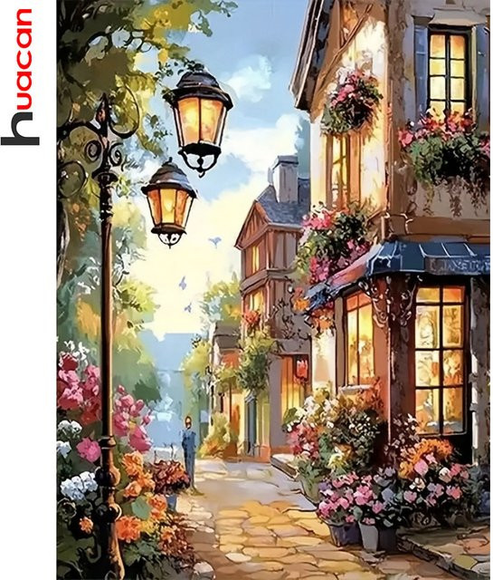 Huacan Diamantmalerei Set Landschaft und Blumen mit Rundsteinen in Mehrfarbig, B/H: 30 x 30 cm - Bild 1