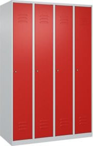 C+P Spind Classic PLUS Garderobenschrank mit 4 Abteilen, Farbe Lichtgrau/Verkehrsrot, H x B x T: 185 x 120 x 50 cm, mit Zylinderschloss und 3 Garderobenhaken - Bild 1