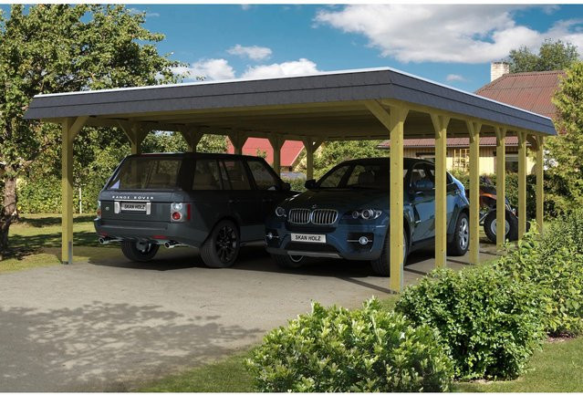 Skan Holz Doppelcarport Spessart Walmdach in Grün mit Regenrinne und Pfostenankern B/T: 585 x 893 cm - Bild 1