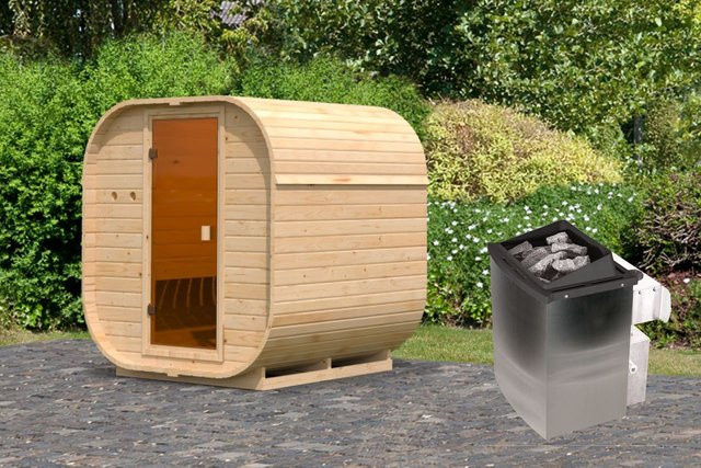 Karibu Holztechnik GmbH Fasssauna Leana aus Espe Massivholz inklusive 9 kW Ofen und integrierter Steuerung - Bild 1