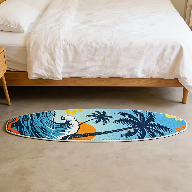 VIKAMA Surfbrett-Fuzzy-Teppich mit tropischen Wellen und Palmen in Blau, weiche Bodenmatte für Wohnzimmer, Schlafzimmer oder Flur, Breite: 120 cm - Bild 3