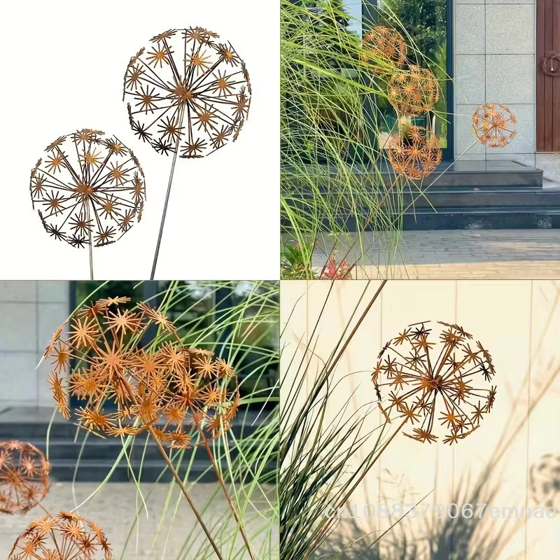 ZYAS Vintage Metall 3D Löwenzahn Gartenskulptur als dekorativer Gartenstecker für den Außenbereich - Bild 3