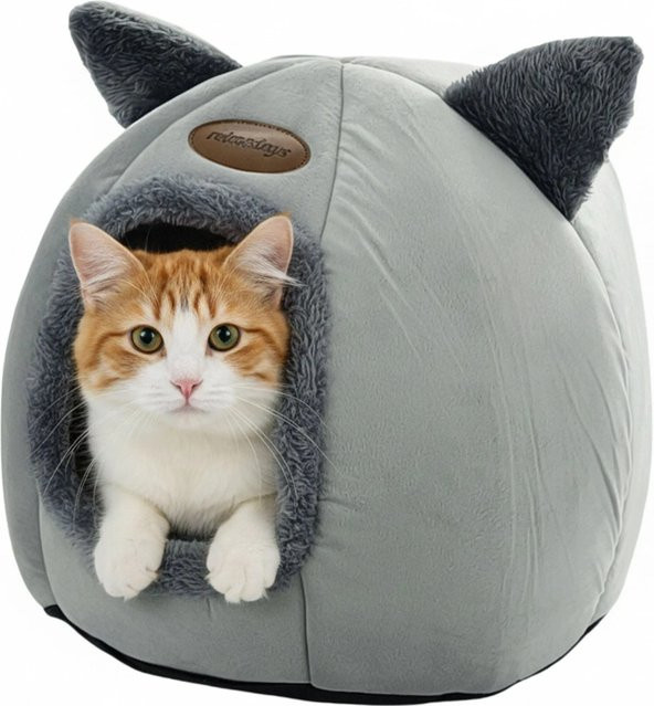 Relaxdays Katzenhöhle mit Katzenohren aus Polyester in Grau, rutschhemmend und mit abnehmbarem Bezug, B/T: 44 x 37 cm - Bild 1