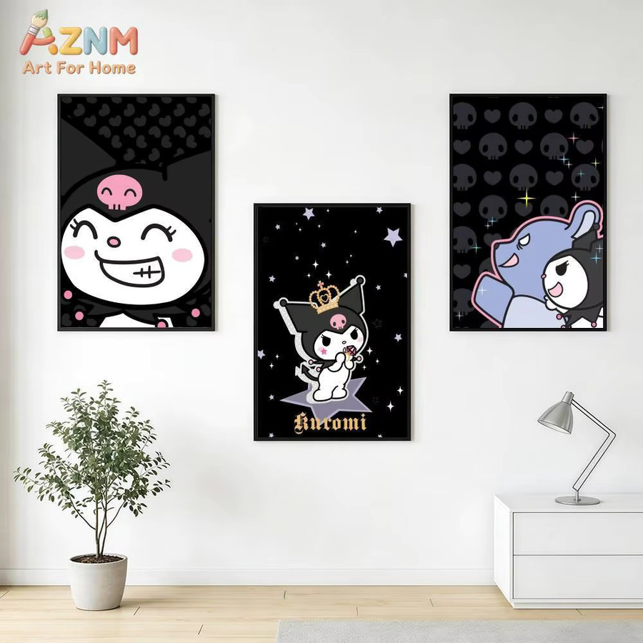 AZNM Kuromi Sanrio Leinwand-Wandkunst, Kawaii Cartoon-Charakter mit schwarzem Herz-Schädel-Motiv, ungerahmtes Leinwandgemälde in Schwarz und Multicolour - Bild 5