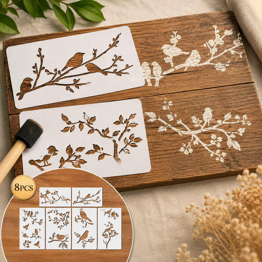 8 Stück Vogelzweig-Schablonen in Weiß, wiederverwendbare Natur-Malvorlagen für DIY-Wanddekoration aus Kunststoff, B/H: 12 x 20 cm - Bild 3