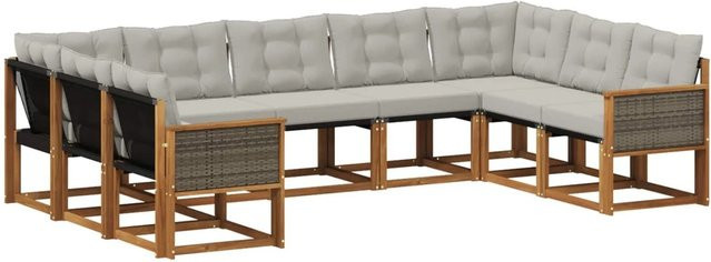 vidaXL Outdoor-Sofagarnitur L-Form aus Akazien-Massivholz mit 9 Kissen in Natur und Hellgrau - Bild 1