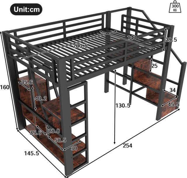 Hochbett aus Metall im Industrial-Design mit Stufen, Geländer und LED-Beleuchtung, Farbe Schwarz, B/T/H: 200 x 90 x 130,5 cm - Bild 1