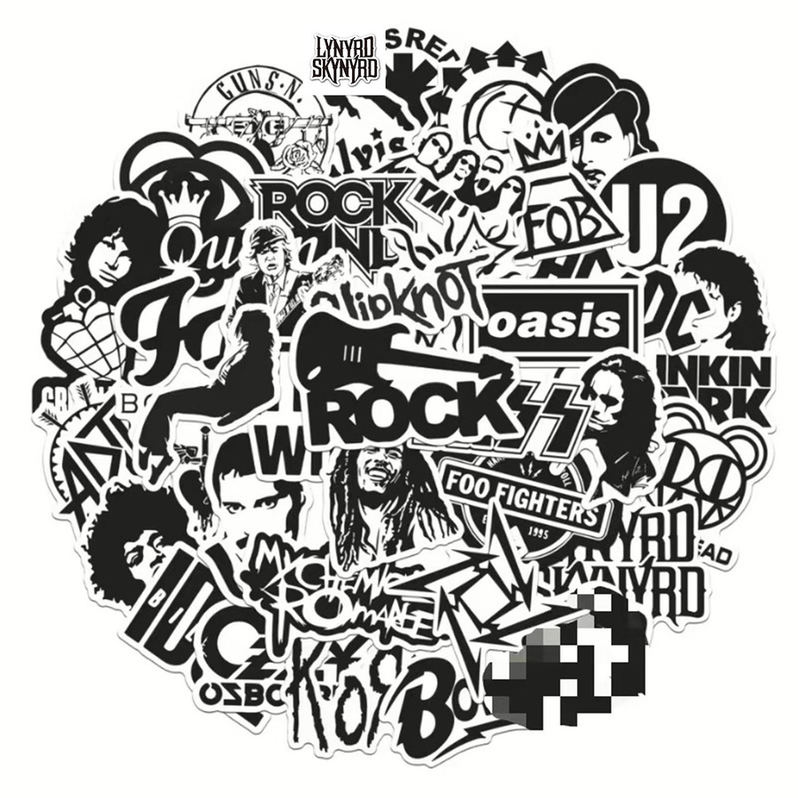 50 Stück Rockmusik-Aufkleber in Weiß und Schwarz im Graffiti-Stil für iPad, Auto, Handy, Gitarre, Motorrad und Skateboard von Yiran toy - Bild 4