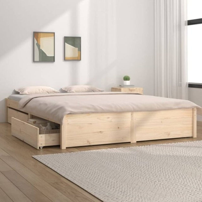 Massivholzbett Vidaxl aus Kiefer mit Schubladen in Natur und Braun, B/T/H: 150 x 200 cm - Bild 1
