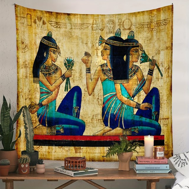 VIKAMA Vintage Ägyptischer Wandteppich mit Hieroglyphen und Hofmädchen Motiv, Mehrfarbig, Rechteckig - Bild 1