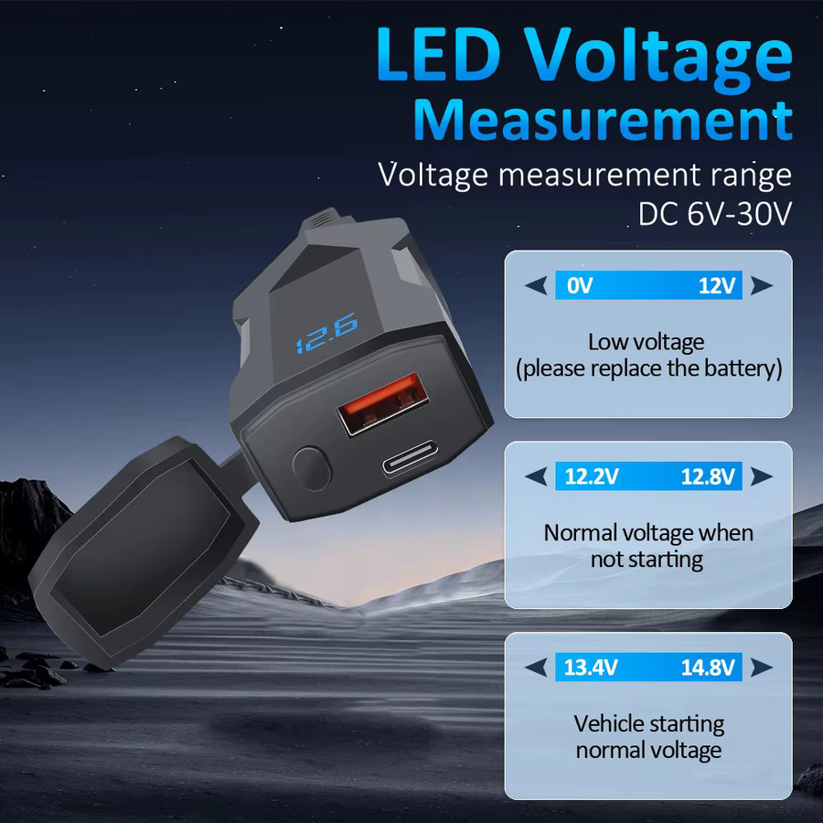 Extractme Motorrad-Ladegerät in Schwarz mit Dual-USB QC3.0 Typ C Schnellladegerät, Netzteil und wasserdichtem digitalem Voltmeter inklusive Steckdose mit Schalter - Bild 2