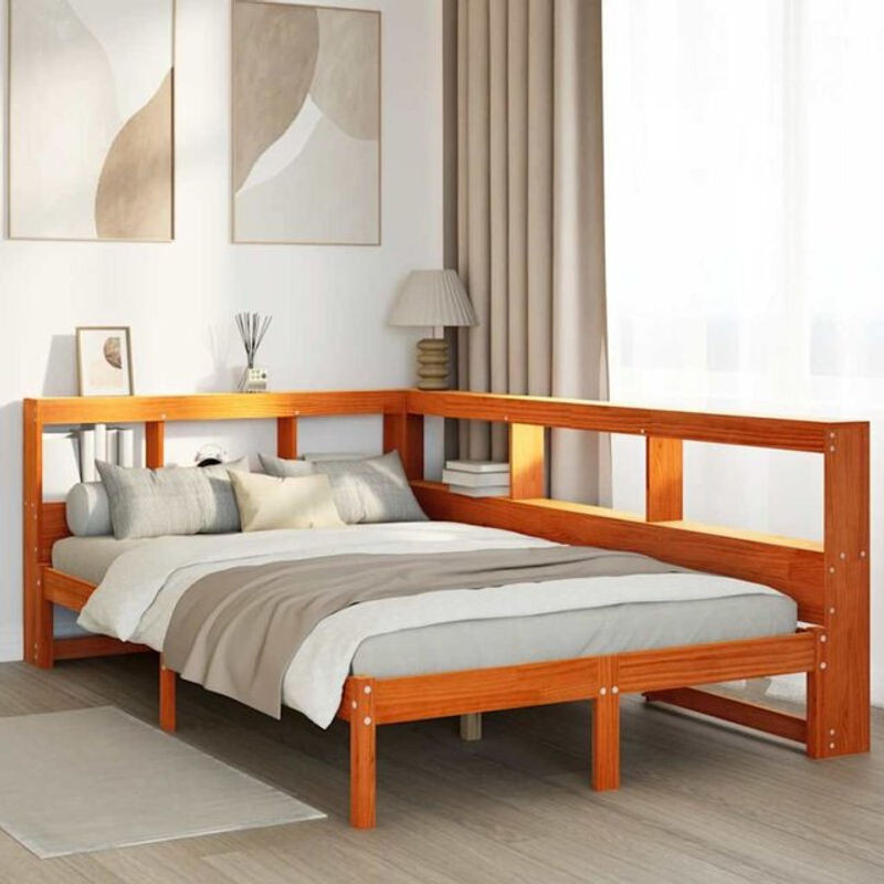 Massivholzbett aus Kiefer mit Regal von Vidaxl in Braun, B/T/H: 120 x 200 x 80 cm - Bild 1