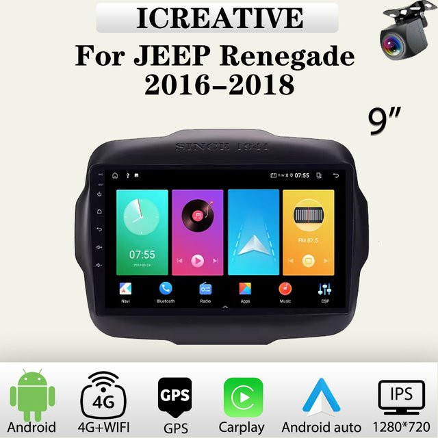 Icreative Android Autoradio mit GPS und drahtlosem Carplay für Jeep Renegade 2016-2018 in Schwarz - Bild 1