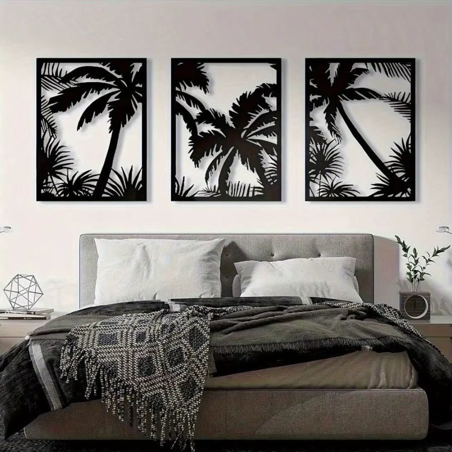 CIFBUY Wandkunst Tropische Palme aus Metall in Schwarz mit geometrischer Sonnenuntergangs-Silhouette im Boho-Stil - Bild 4