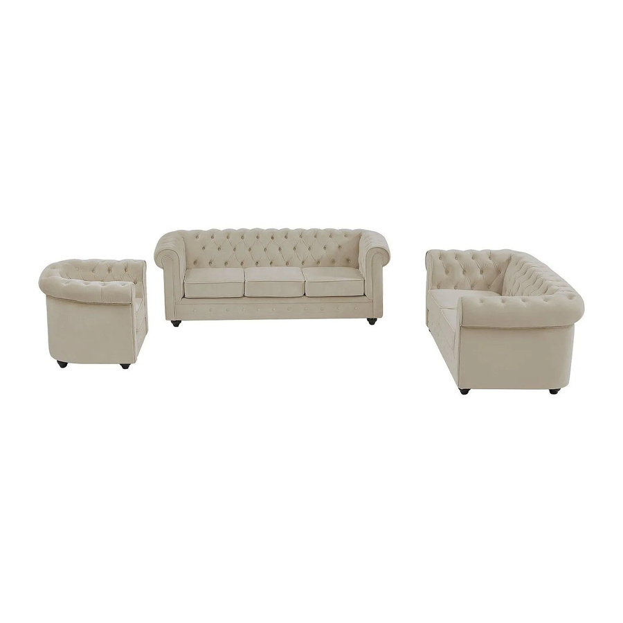 Vente-unique Chesterfield Couchgarnitur aus Samt und Stoff in Beige mit 3-Sitzer-Sofa, 2-Sitzer-Sofa und Sessel, B/T/H: 165 x 82 x 205 cm - Bild 2