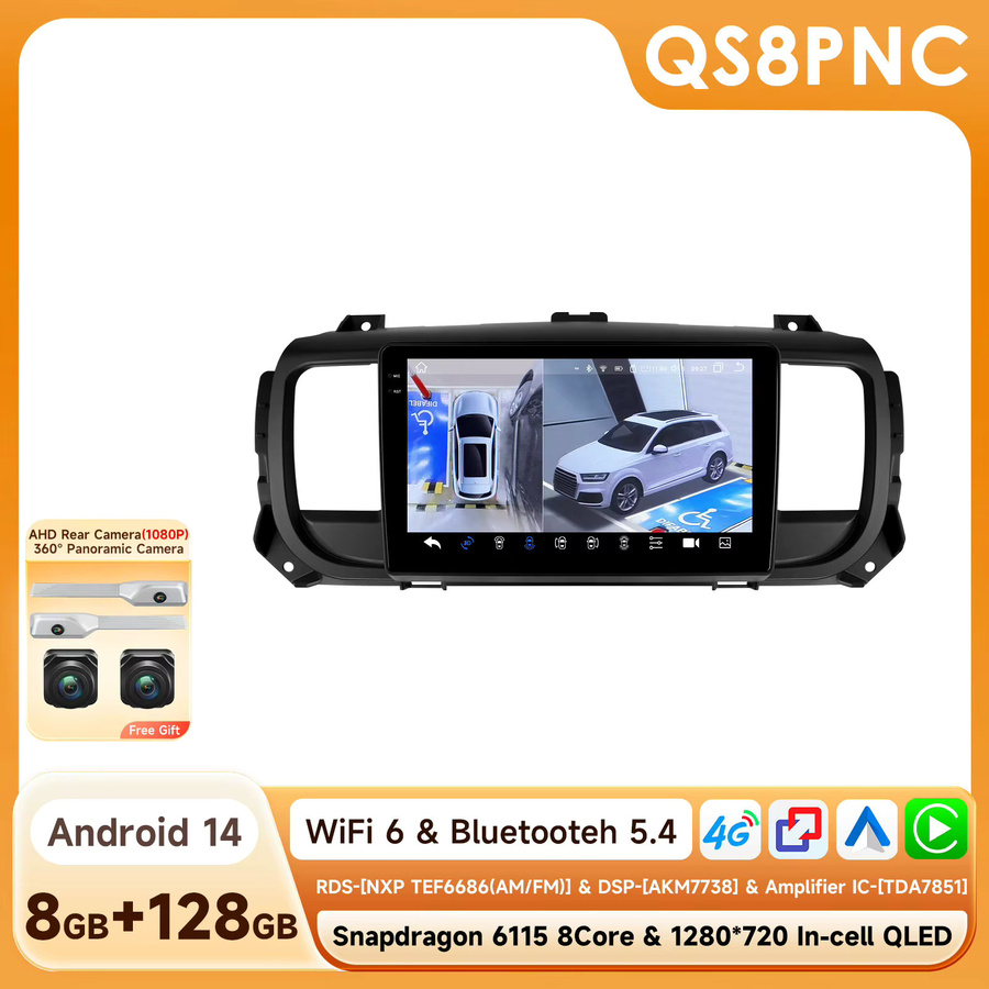 OSSURET Android 14 Multimedia-Autoradio mit Qualcomm 6115 8-Kern-Prozessor für Peugeot Expert 3 und Citroen Jumpy 3 SpaceTourer 2016-2021, Schwarz, optional mit 360 Grad Panorama AHD Kamera, SWC und DSP - Bild 6