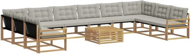vidaXL Outdoor-Sofagarnitur in U-Form aus massivem Akazienholz mit Textilene und Kissen, 11-teilig, Weiß-hellgrau - Bild 1