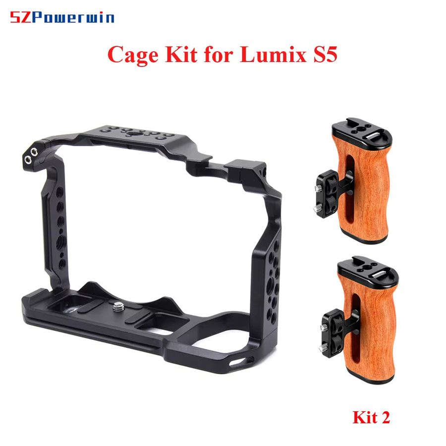 Powerwin Kamerakäfig für Panasonic S5 in Schwarz mit Holz-Handgriff-Set aus Aluminiumlegierung und Arri-Positionierungsschraube - Bild 3