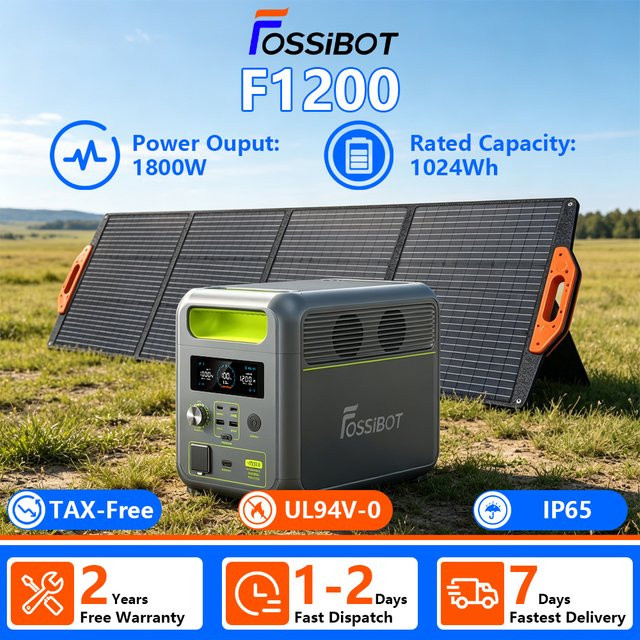FOSSIBOT F1200 Tragbare Powerstation mit 1024Wh Kapazität, LiFePO4-Akku, 1200W Nennleistung, 7 Ausgangsanschlüsse und LED-Beleuchtung in Schwarz/Grau - Bild 1