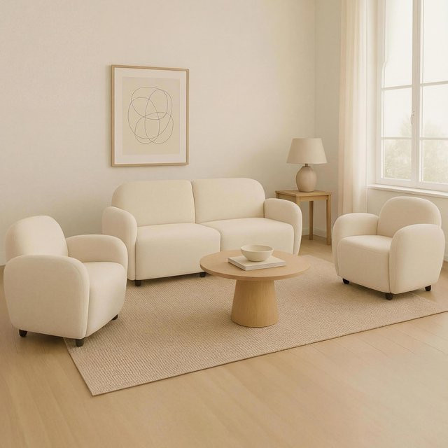 Wohnzimmer-Set MCW P33 mit 1 Sofa und 2 Sesseln aus Chenille in Creme - Bild 1