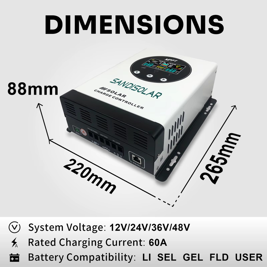 SANDISOLAR Smart MPPT Solar-Controller mit Farb-LCD-Bildschirm, 60A oder 100A, für 12V/24V/36V/48V Systeme, Solarpanel-Batterieladegerät in Weiß - Bild 6
