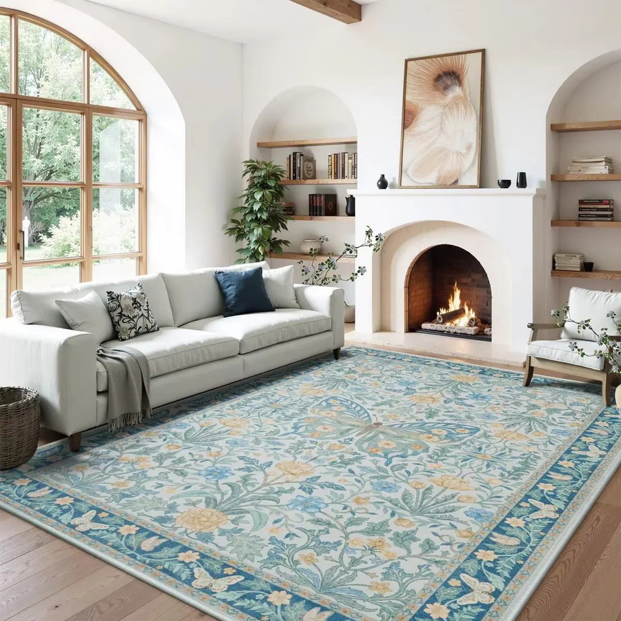 VIKAMA Vintage Teppich mit floralem Schmetterlingsmuster in Salbeigrün, rutschfest und waschbar, böhmisches Design für Wohnzimmer und Schlafzimmer - Bild 2