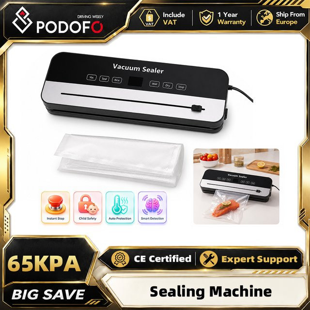 Podofo 6-in-1 Vakuumiergerät in Schwarz mit Trocken- und Feuchtmodus, 65KPa Saugkraft, digitalem Timer, Touch-Tastenbedienung und integriertem Cutter aus Kunststoff - Bild 1