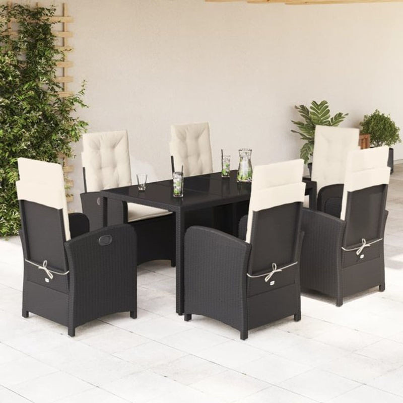 Vidaxl Gartenmöbel-Set aus Polyrattan mit Kissen und Glastisch, 7-teilig, Schwarz - Bild 1