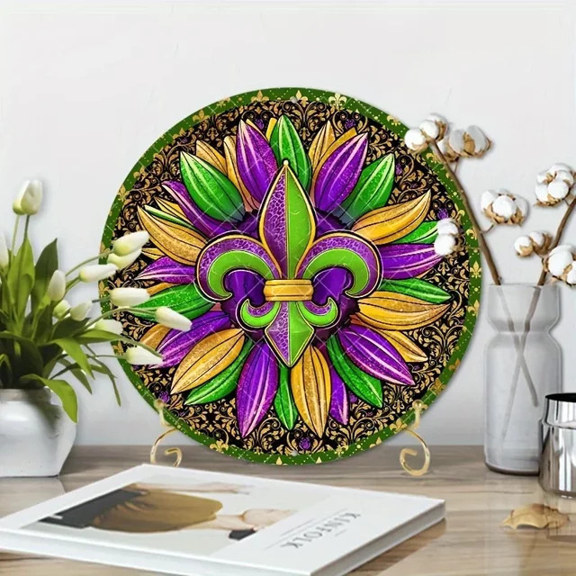 Potdemiel Metallschild Fleur De Lis Mardi Gras Runder Kranz in Weiss zur Wanddekoration im Bauernhausstil Durchmesser: 20 cm - Bild 1