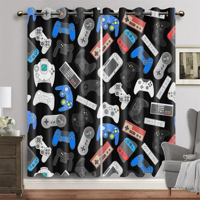 Cartoon Gamepad Switch Vorhangset für Jungenzimmer mit Graffiti-Motiv, 2er-Set, B: 50 cm, H: 130 cm, Mehrfarbig - Bild 1