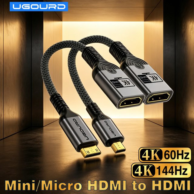 UGOURD HDMI Adapter Mini HDMI auf HDMI und Micro HDMI auf HDMI Konverter in Schwarz für 4K 144Hz und 4K 60Hz DSLR Kamera Monitor und Projektor - Bild 1