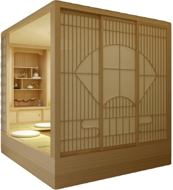 Japanischer Tatami-Bett-Kleiderschrank mit integriertem Tatami-System in Beige mit Schiebetüren und internen Regalen - Bild 1